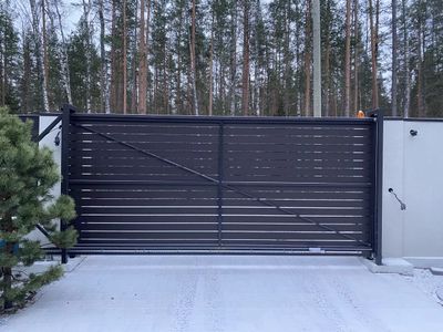 Откатные ворота: полотно уезжает вдоль забора, перед въездом свободно